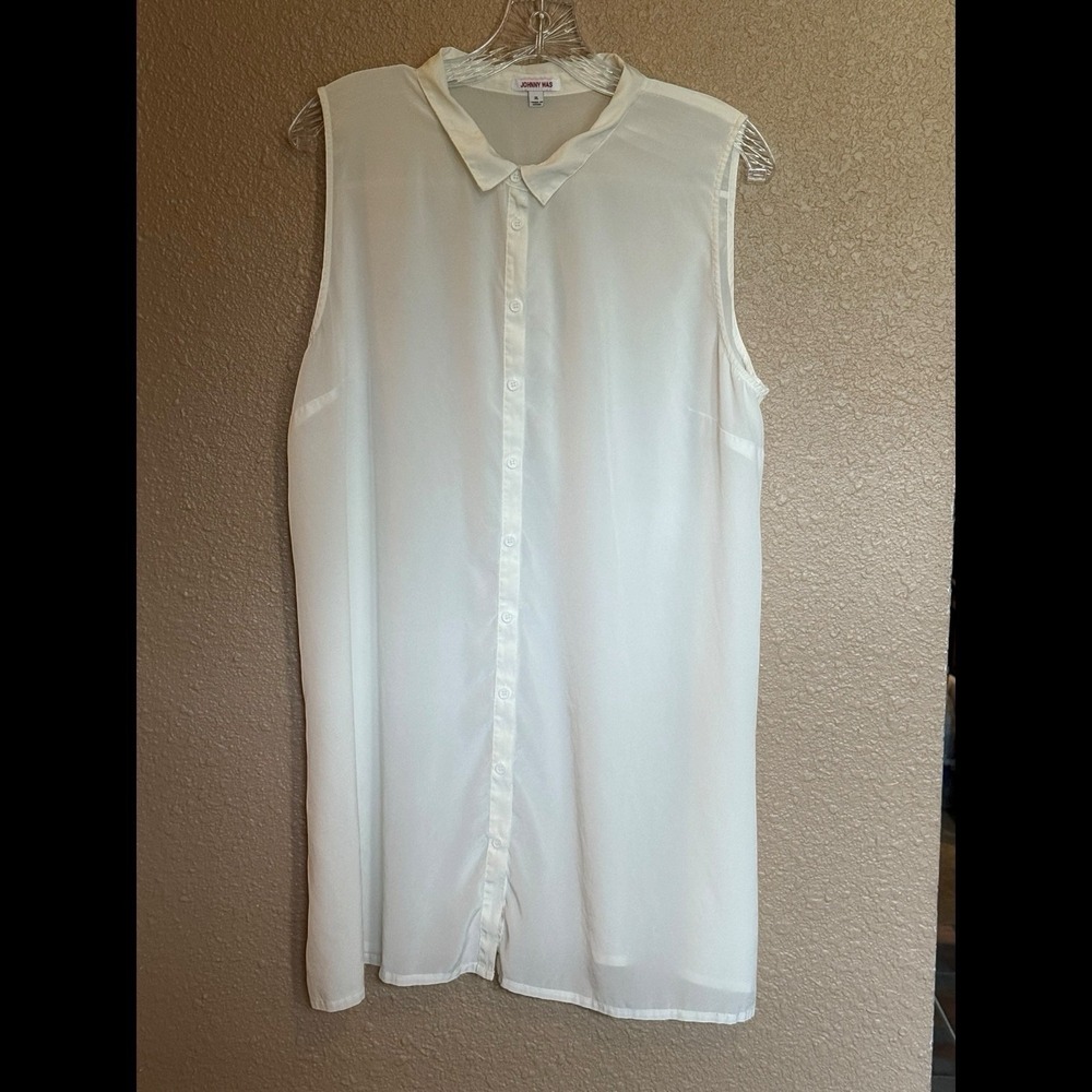 Johnny Was 93% Silk Lana White Sleeveless Sheer Blouse Side Slits Womens XL
